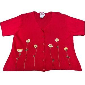 Women's Sz 14‎ Red Knit Floral Cottage Short Sleeve Cardigan Granny Embroidered